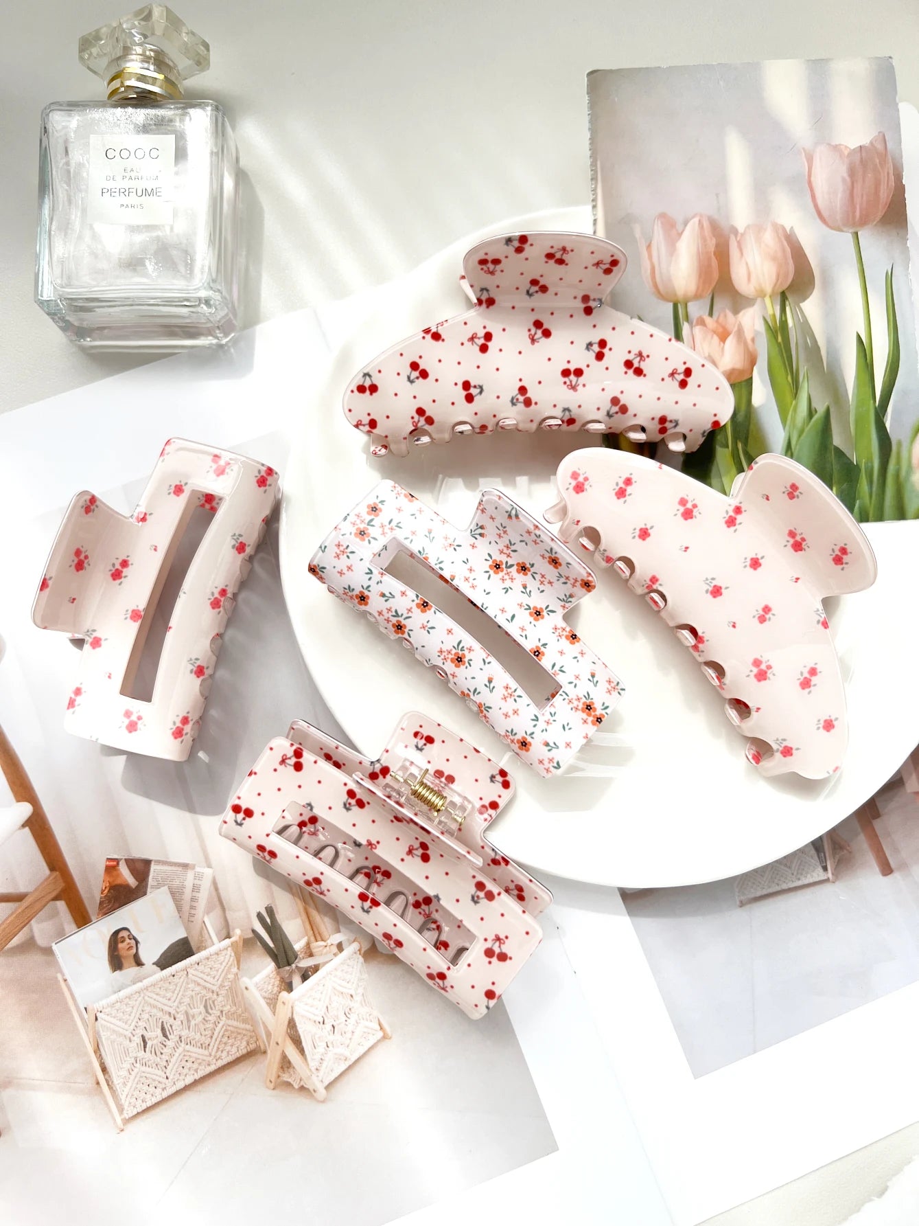 Pink Sweet Elegant Floral Cherry Hair Claw Clip Set