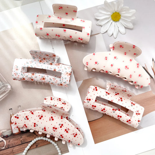 Pink Sweet Elegant Floral Cherry Hair Claw Clip Set