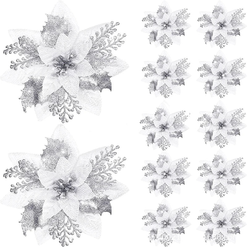 10/5/1pcs 14.5cm Glitter Artifical Christmas Flowers  Christmas Tree Decoration Happy New Year Ornaments Xmas Fake Flowers natal