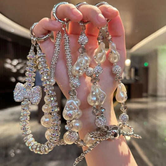 Luxury Pearl Crystal Bead Key Chains Charm Rhinestone Lanyard