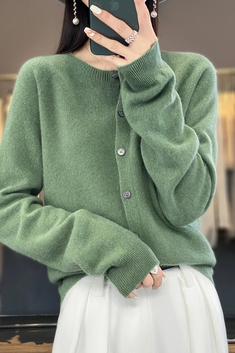 Cardigan Sweater O-Neck Button 100% Merino Wool