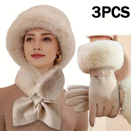 3Pcs Women Winter Warm Furry Hat Gloves Scarf Hat Set