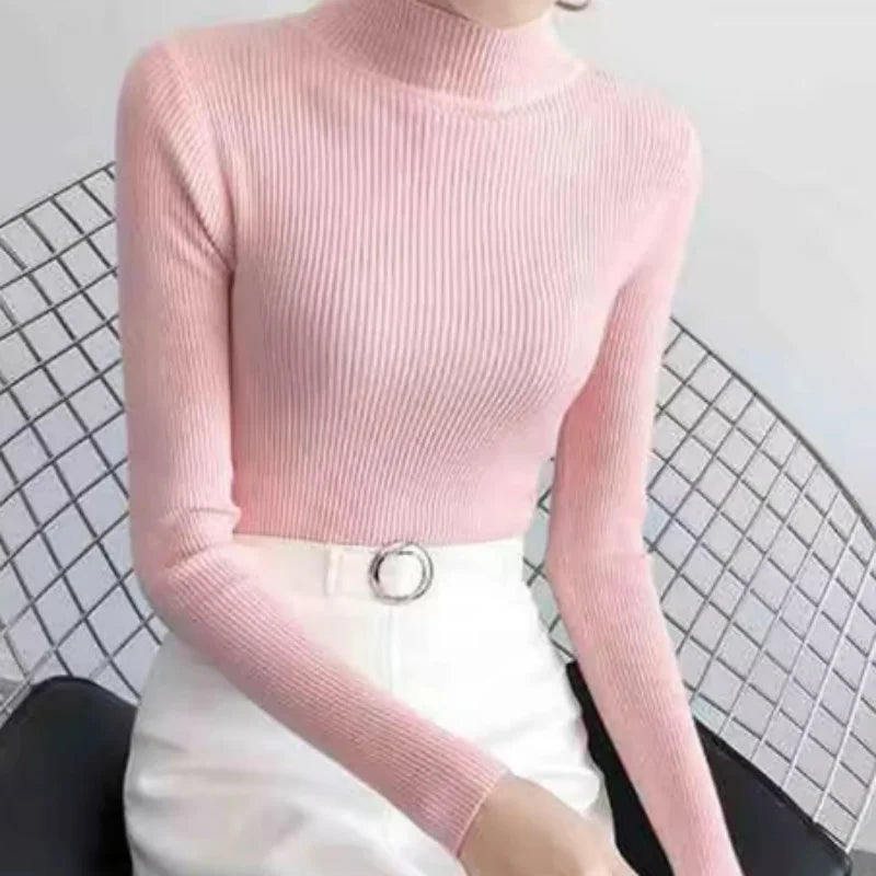 Autumn Winter Mock Neck Women Sweater Vintage Basic