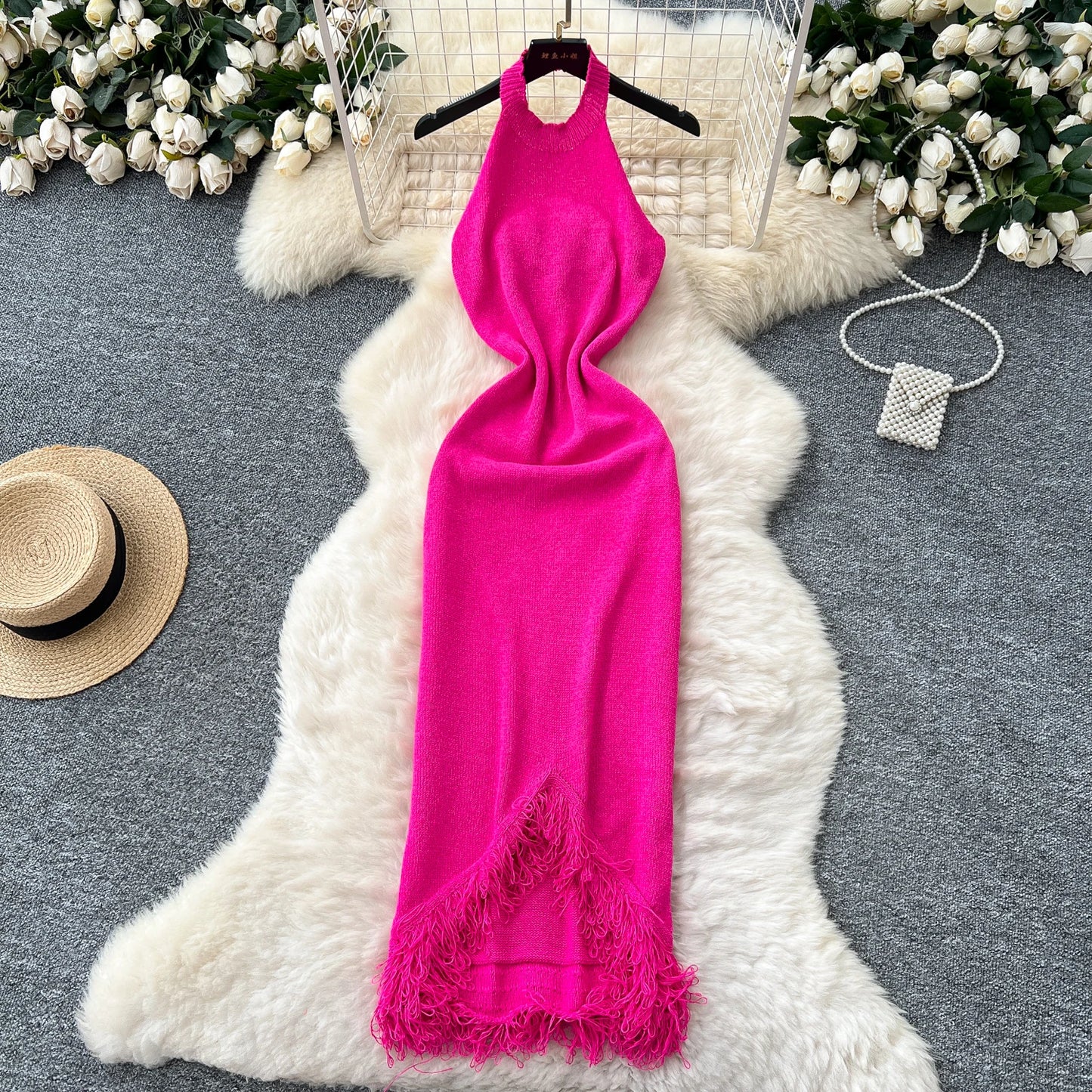 Sexy Halter Tassels Split Sleeveless Bodycon