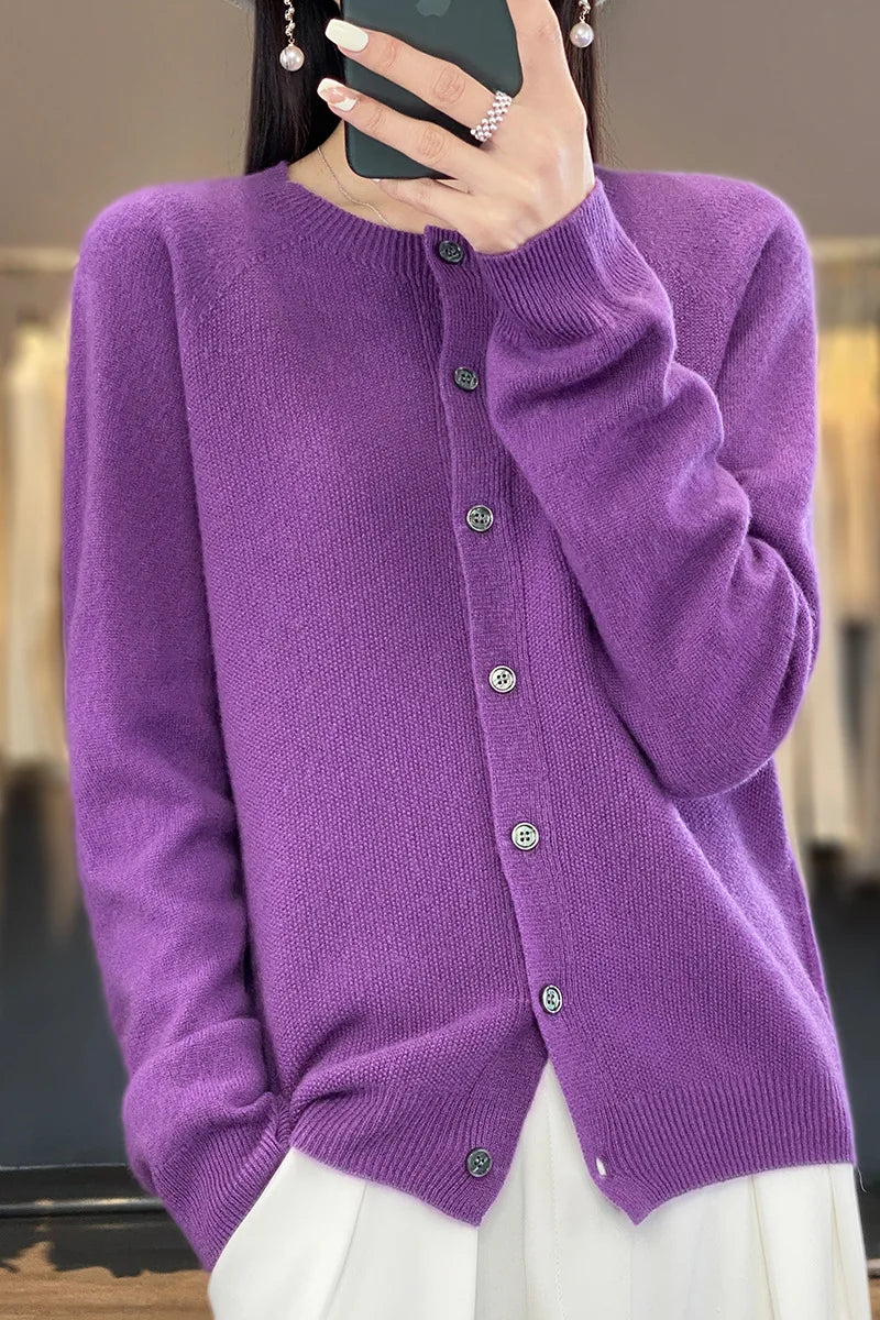 Cardigan Sweater O-Neck Button 100% Merino Wool