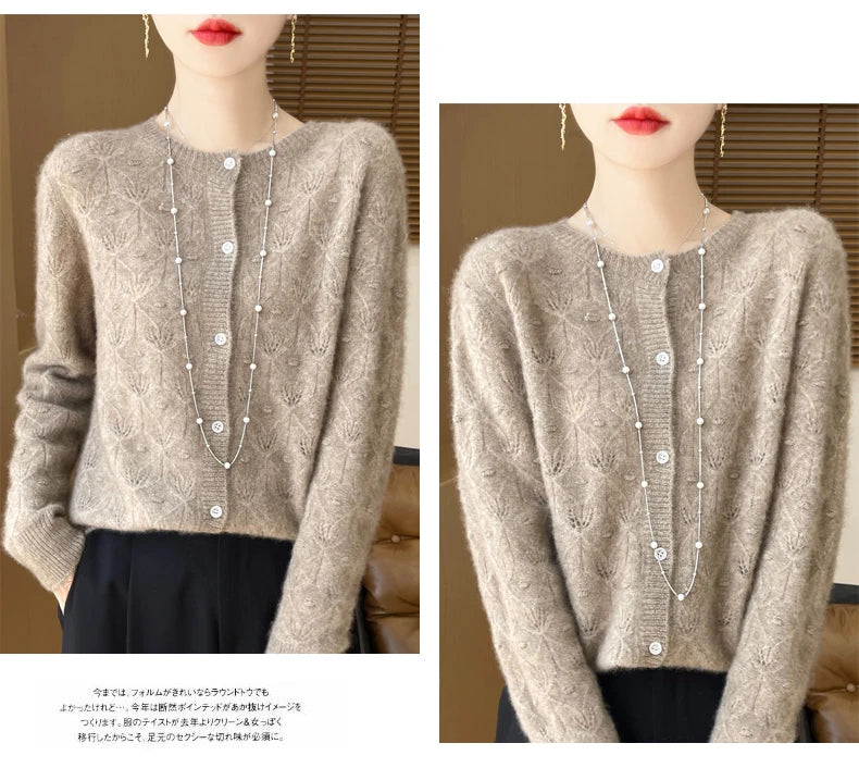 Round Neck Hollowed Out 100 Wool Knitted Cardigan