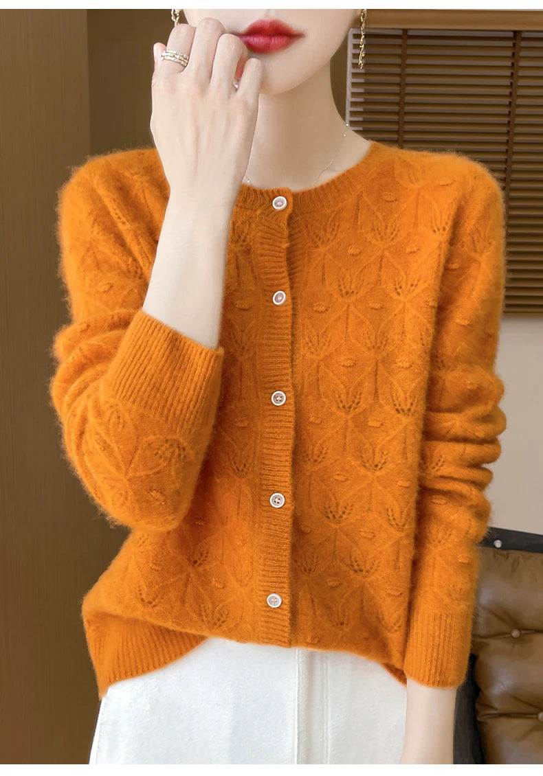 Round Neck Hollowed Out 100 Wool Knitted Cardigan