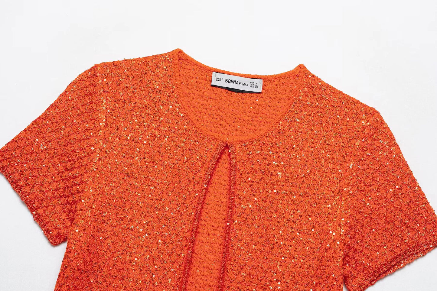 Simple Bead Decoration Round Neck Short Sleeve Knitted Top