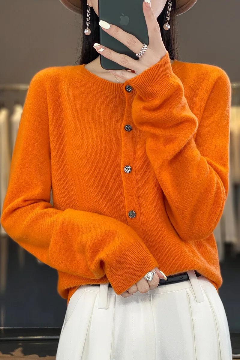 Cardigan Sweater O-Neck Button 100% Merino Wool