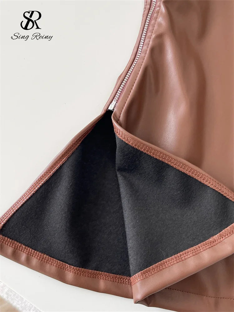 SINGREINY One Shoulder PU Leather Tank