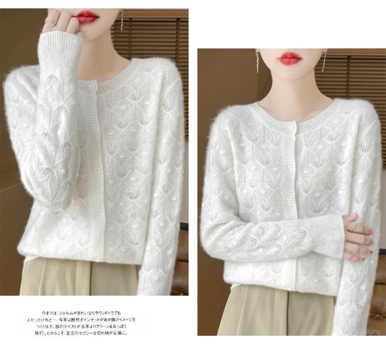 Round Neck Hollowed Out 100 Wool Knitted Cardigan