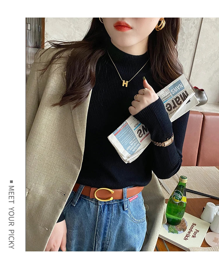 Autumn Winter Mock Neck Women Sweater Vintage