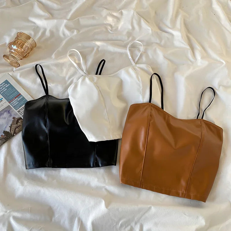 Women PU leather camis underwear padded bra