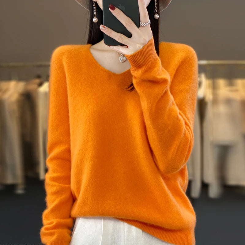 Merino Pure Wool V-neck Autumn And Winter Pullover Sweater
