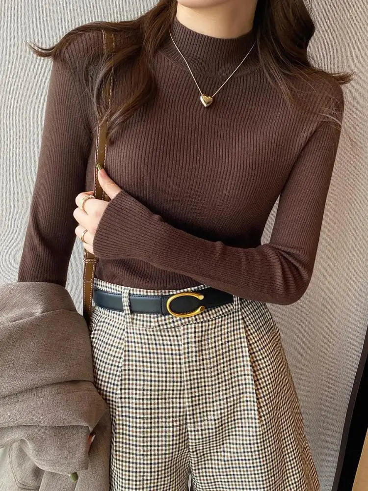 Autumn Winter Mock Neck Women Sweater Vintage