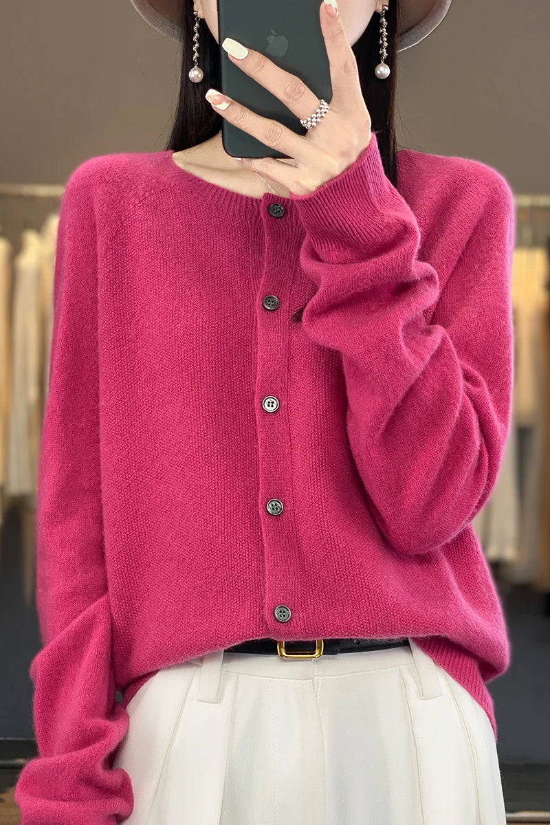 Cardigan Sweater O-Neck Button 100% Merino Wool