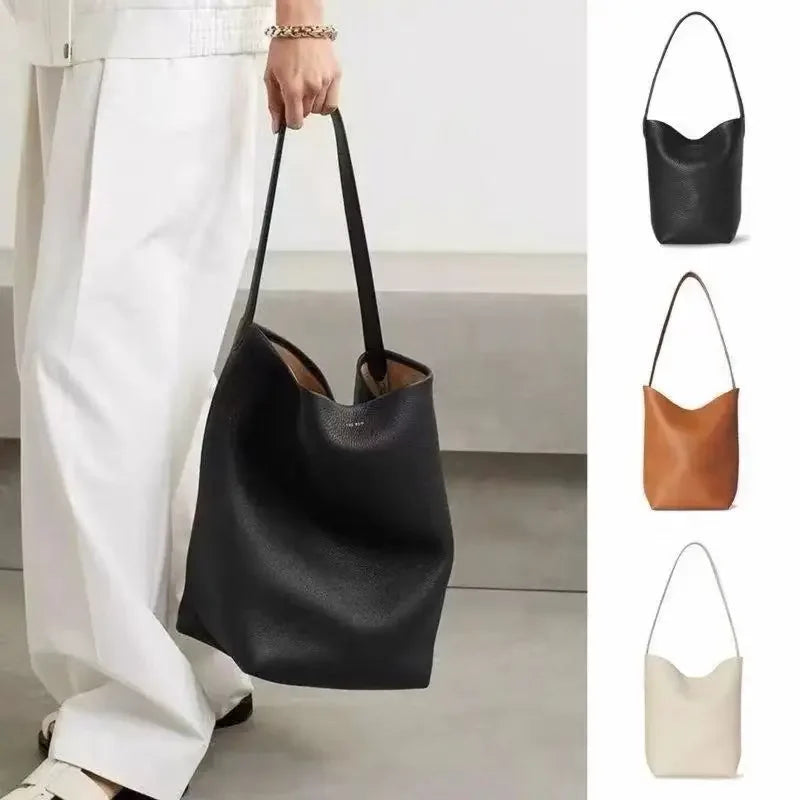 Soft Leather Bucket Bag Large Capacity Commuter Women's Single Shoulder Handbag Neutral Minimalist Style Open Pocket Design