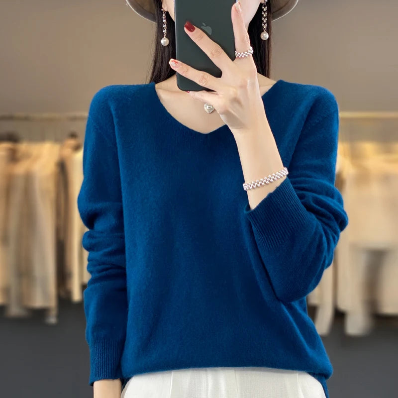 Merino Pure Wool V-neck Autumn And Winter Pullover Sweater