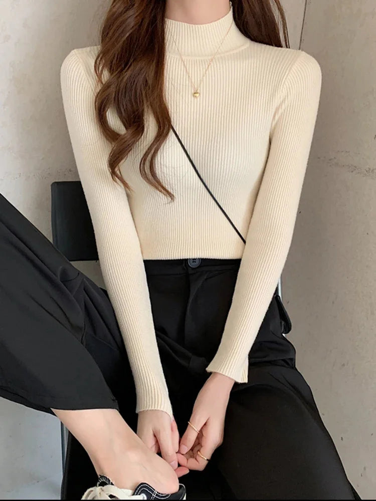 Autumn Winter Mock Neck Women Sweater Vintage Basic