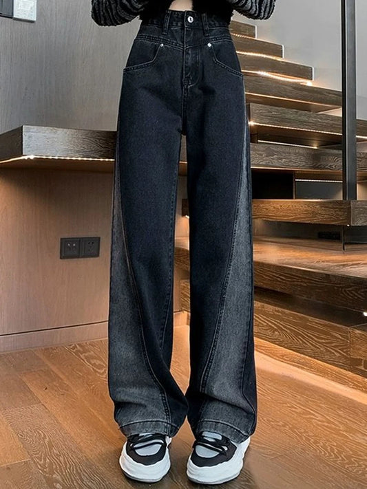 Woman High Waist Jeans Lady American High Street Patchwork