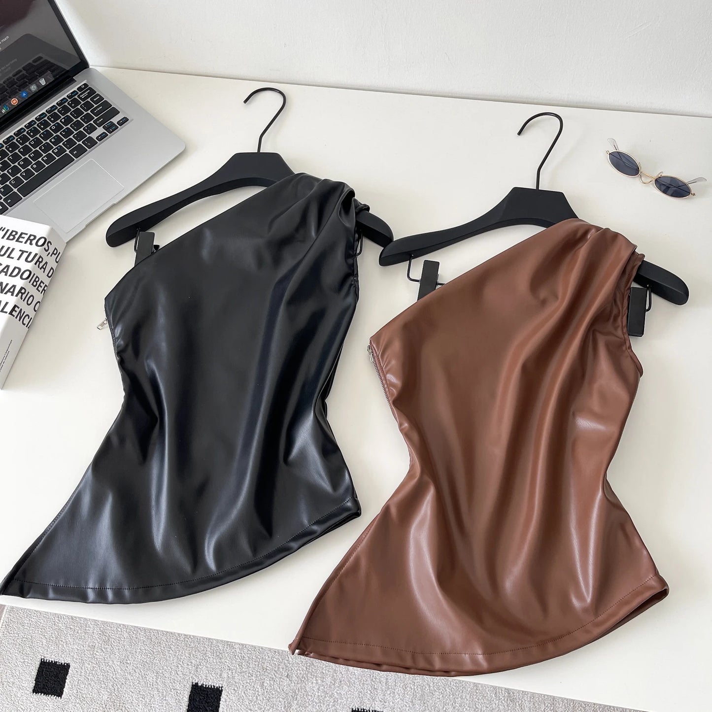 SINGREINY One Shoulder PU Leather Tank