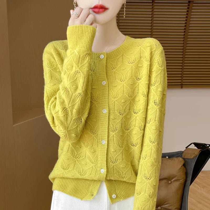Round Neck Hollowed Out 100 Wool Knitted Cardigan