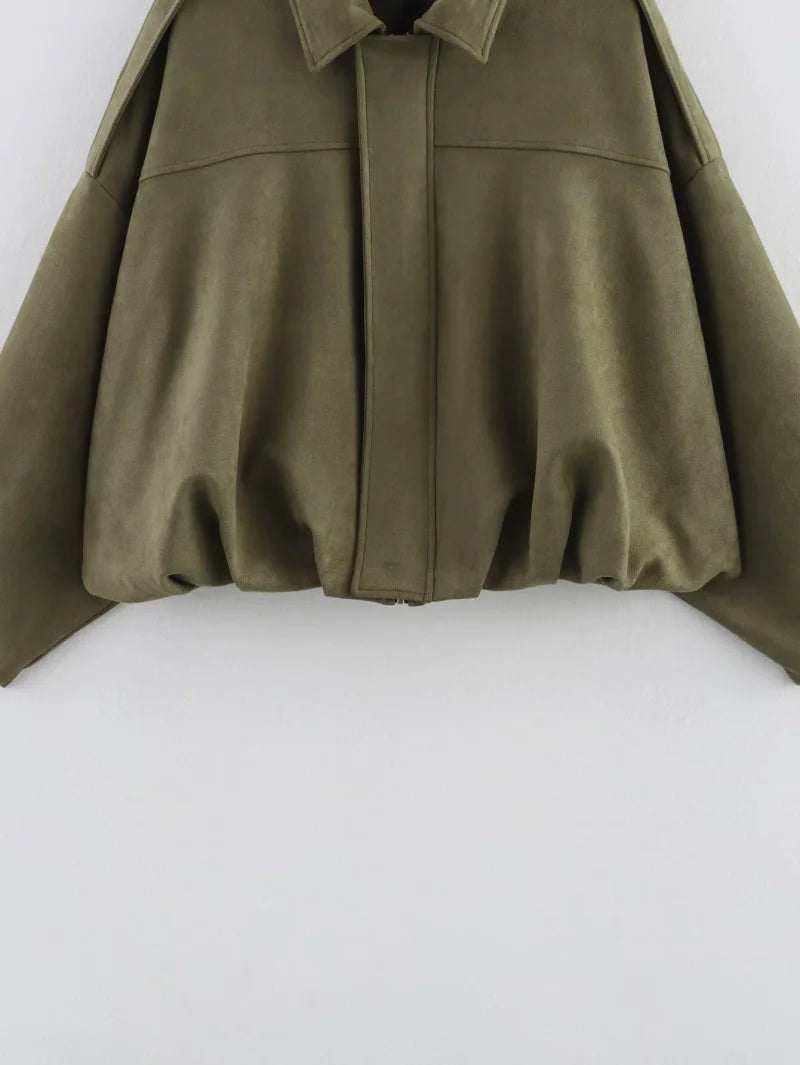women's suede texture effect Loose version of fashion lapel shoulder bomber jacket