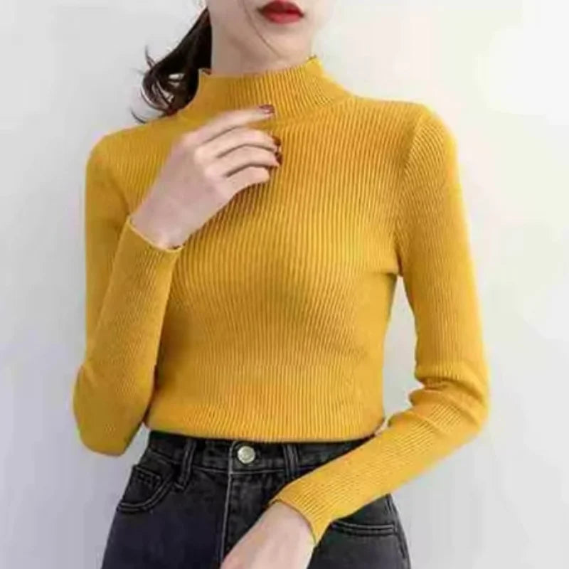 Autumn Winter Mock Neck Women Sweater Vintage Basic
