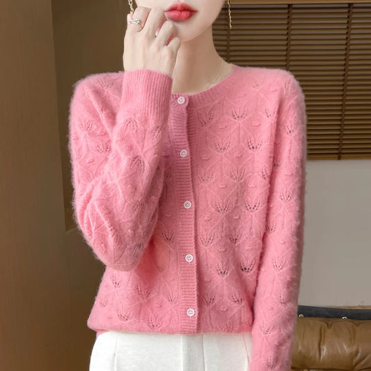 Round Neck Hollowed Out 100 Wool Knitted Cardigan
