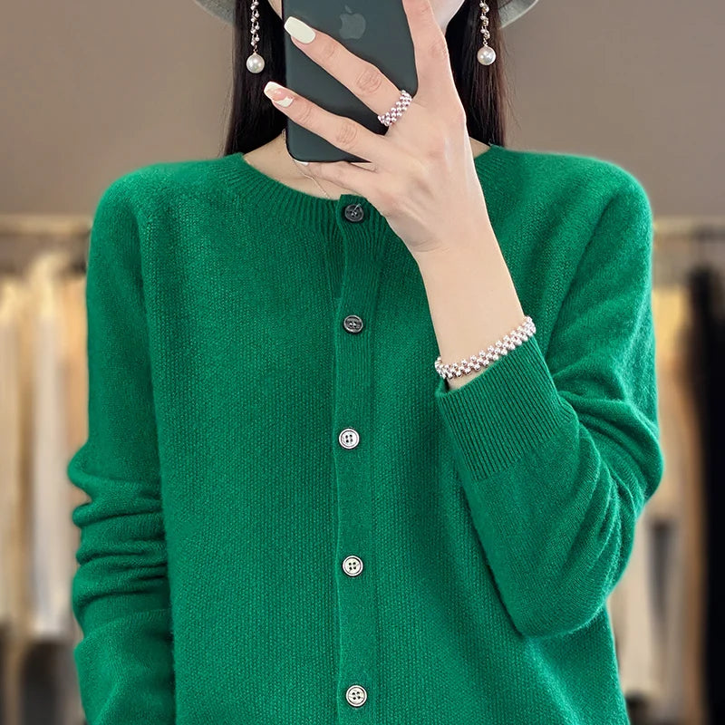 Cardigan Sweater O-Neck Button 100% Merino Wool