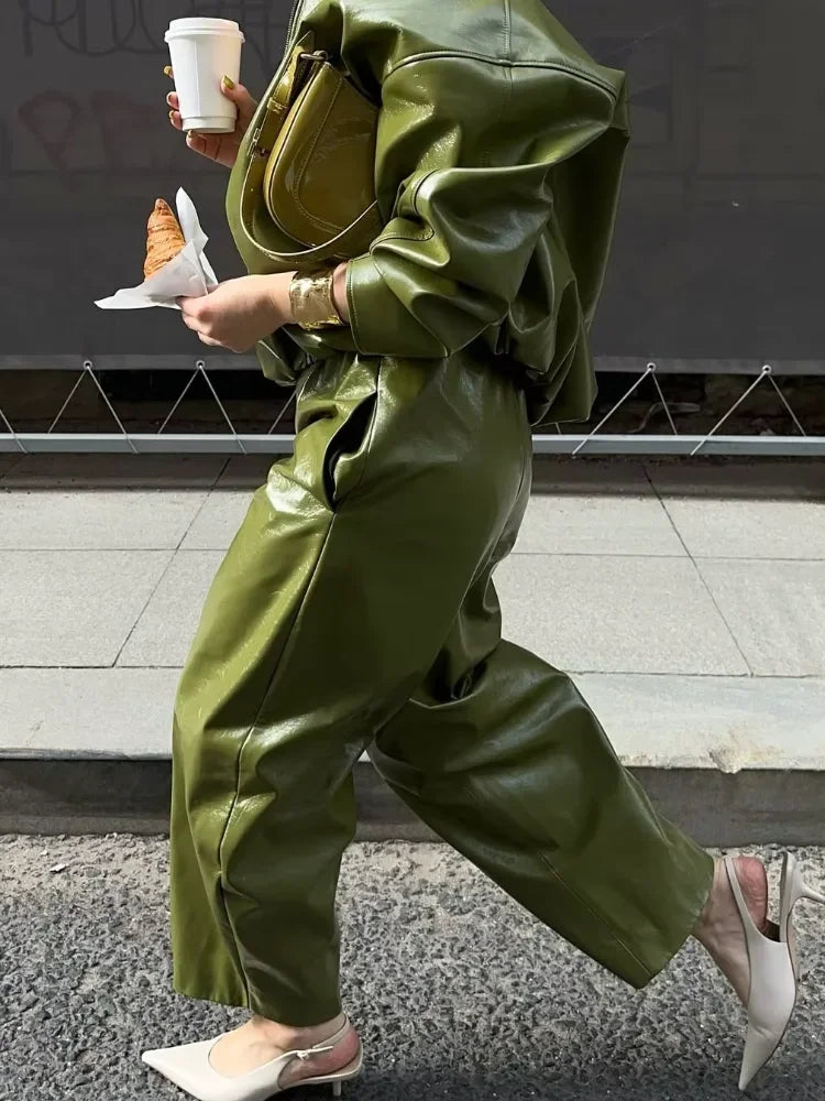 Olive Green Solid Leather Jacket