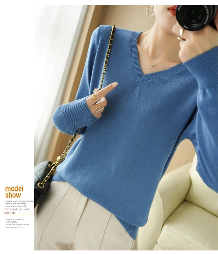 V-neck Knitted Sweater 100% Long Staple Cotton
