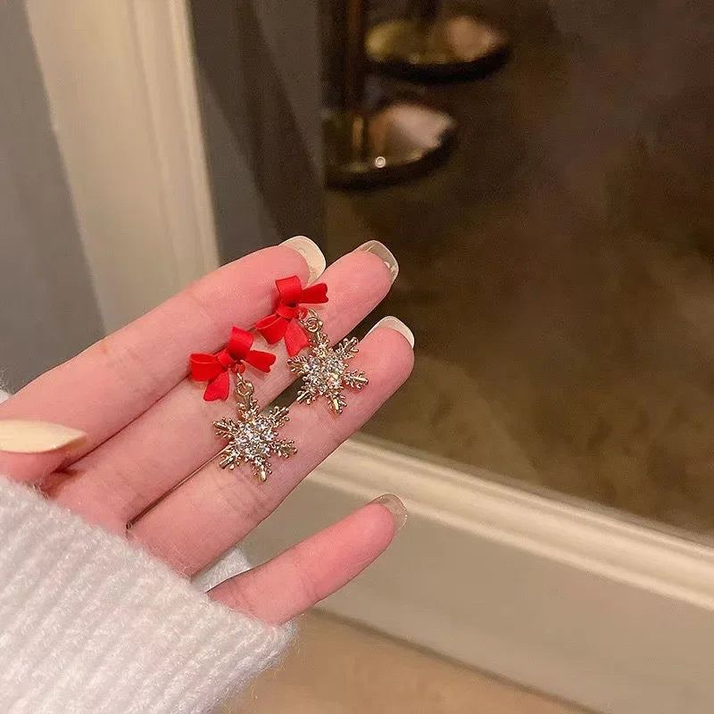 2024 New Red Bow Knot Snowflakes Drop Earring