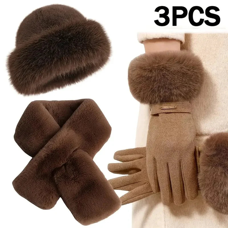3Pcs Women Winter Warm Furry Hat Gloves Scarf Hat Set