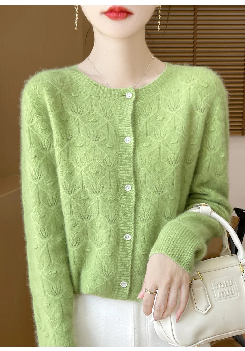 Round Neck Hollowed Out 100 Wool Knitted Cardigan