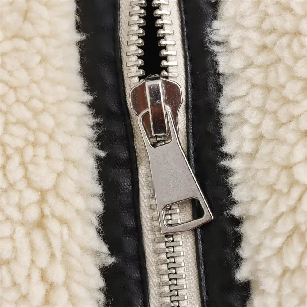 Artificial Fur Effect Motorcycle Jacket Coat with Fur Integration