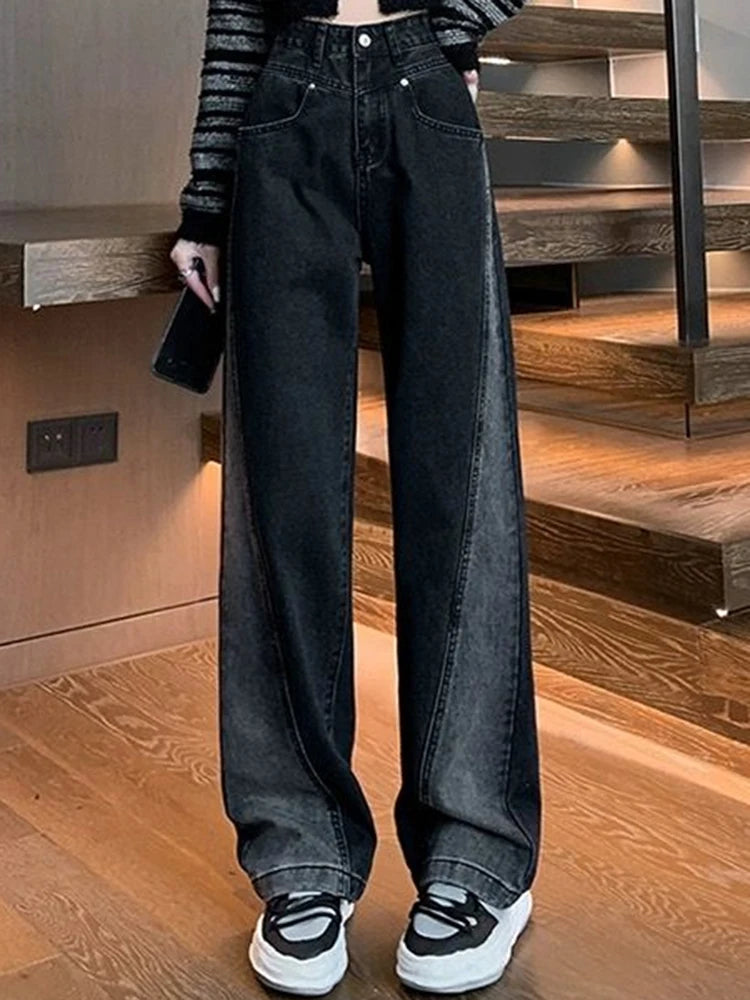 Woman High Waist Jeans Lady American High Street Patchwork