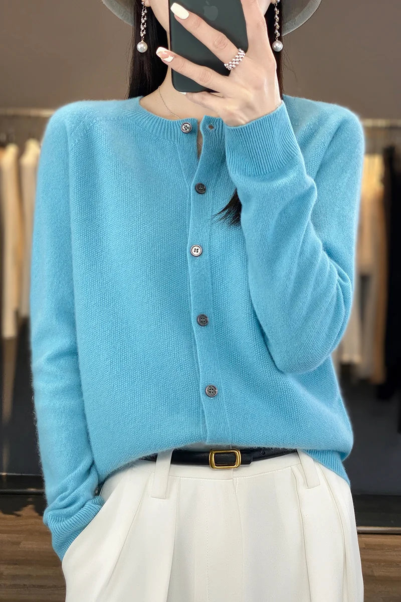 Cardigan Sweater O-Neck Button 100% Merino Wool