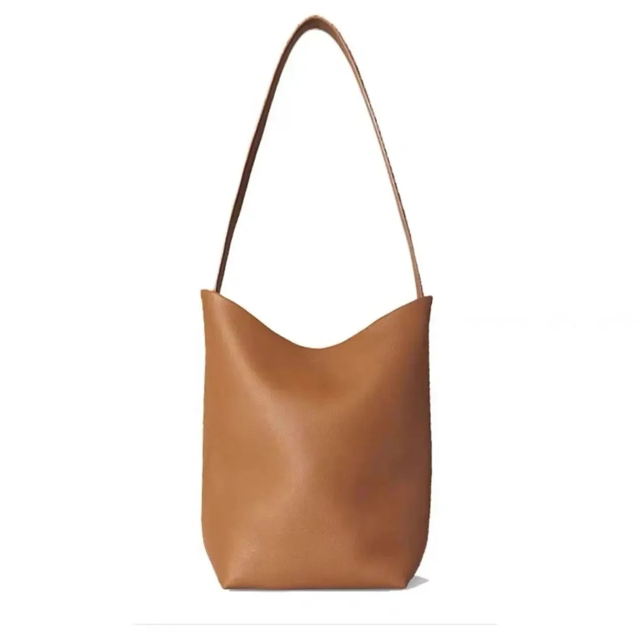 Soft Leather Bucket Bag Large Capacity Commuter Women's Single Shoulder Handbag Neutral Minimalist Style Open Pocket Design