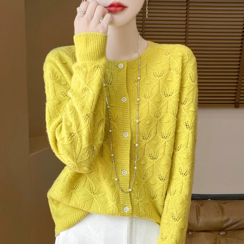 Round Neck Hollowed Out 100 Wool Knitted Cardigan