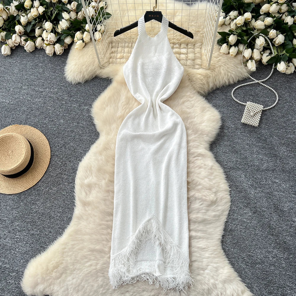 Sexy Halter Tassels Split Sleeveless Bodycon