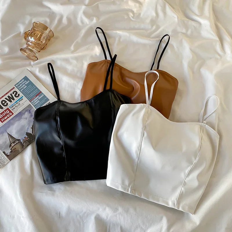 Women PU leather camis underwear padded bra