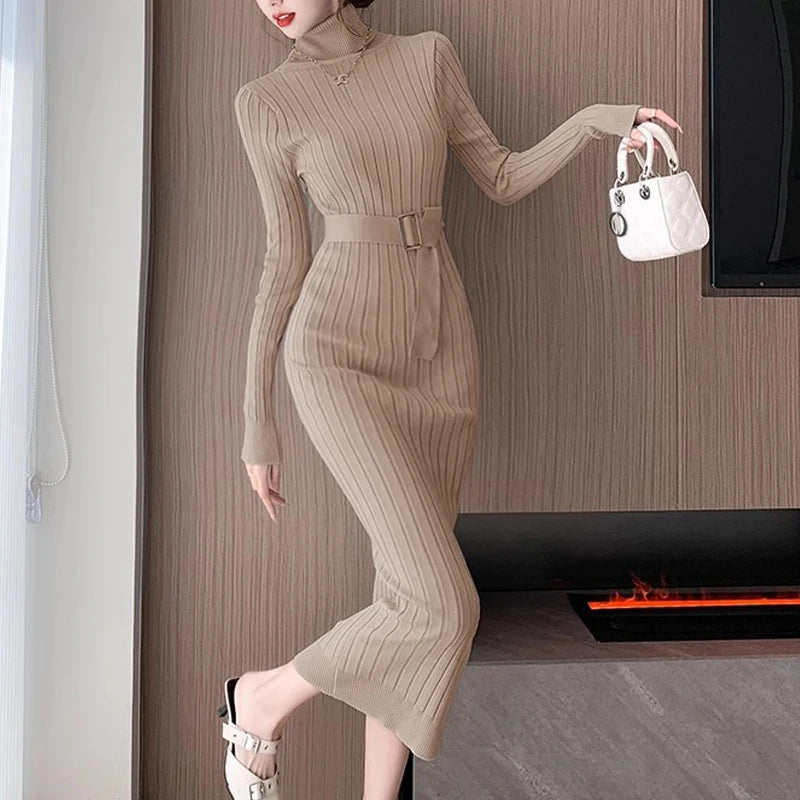 Maxi Dress 2024 Autumn Winter Turtleneck Sweater Dress
