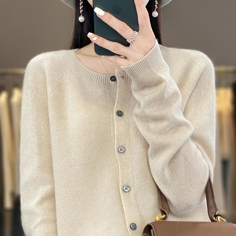 Cardigan Sweater O-Neck Button 100% Merino Wool