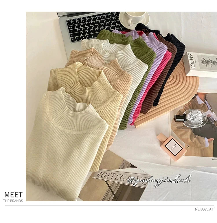 Autumn Winter Mock Neck Women Sweater Vintage