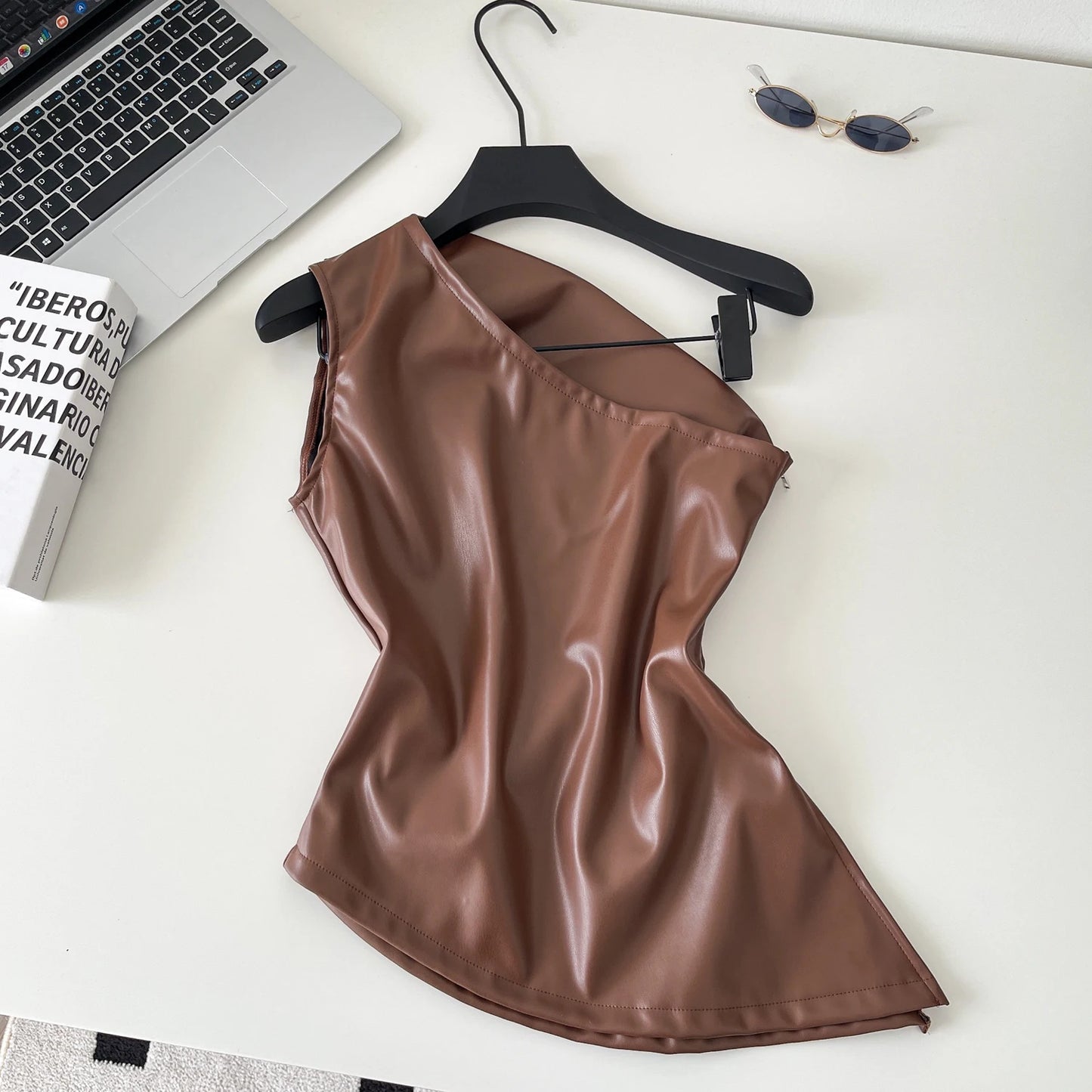 SINGREINY One Shoulder PU Leather Tank