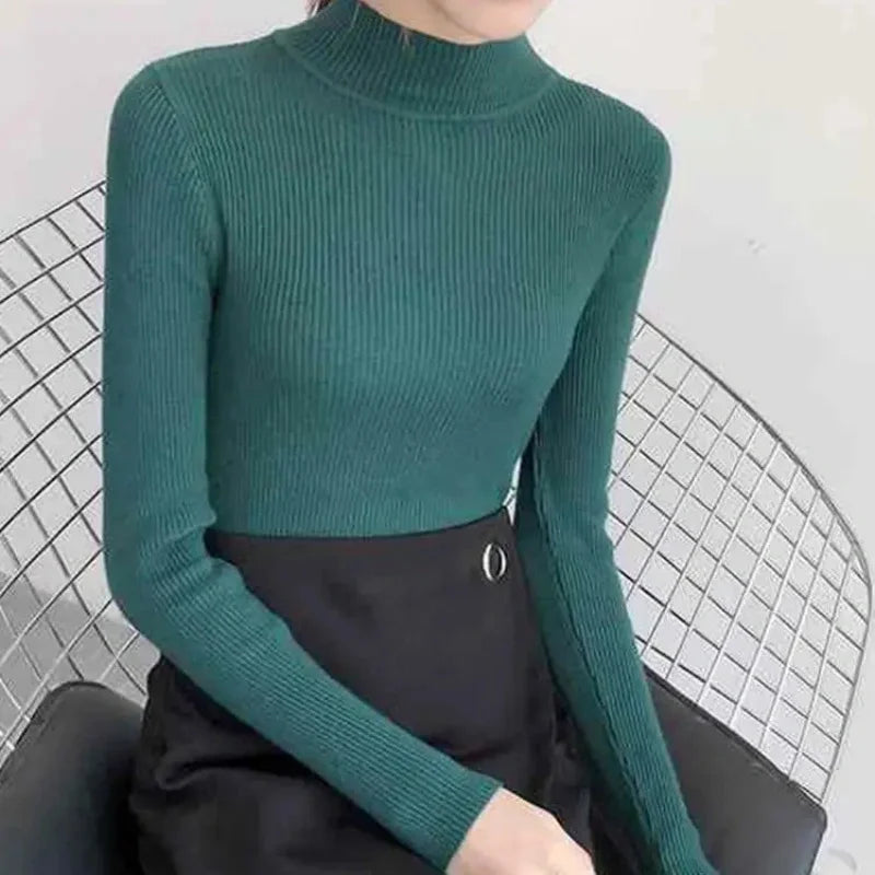 Autumn Winter Mock Neck Women Sweater Vintage Basic
