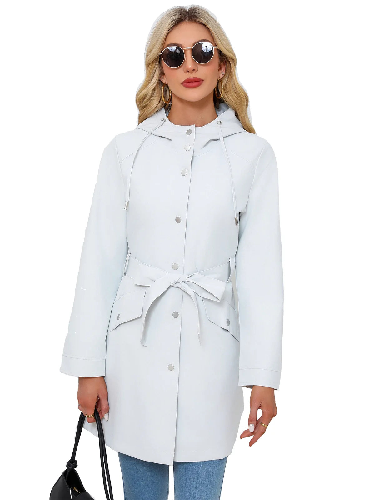 Hooded Water-repellent Jacket with Belt Thin Casual Loose Trench Coat