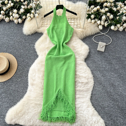 Sexy Halter Tassels Split Sleeveless Bodycon