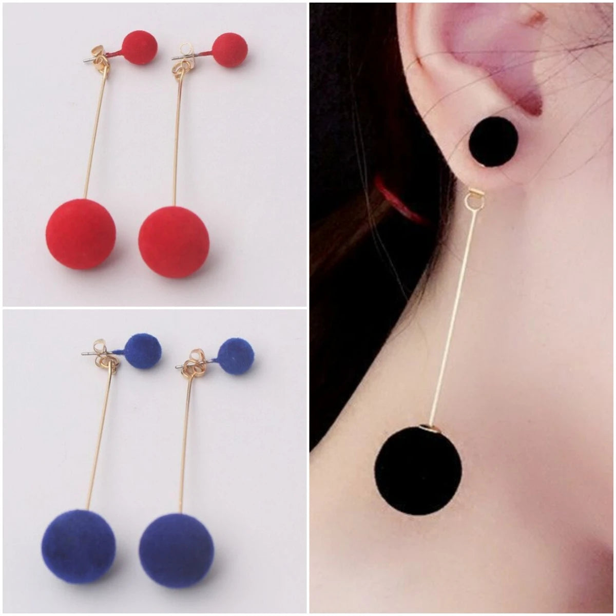 Cute Double Faux Fur Ball Dangle Drop Earrings
